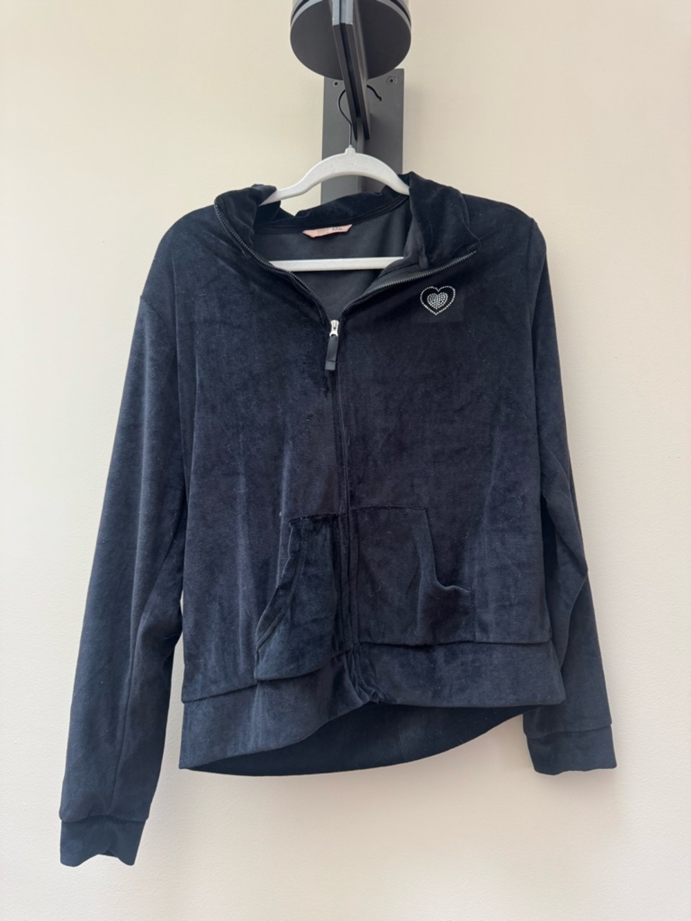 Black Velour Zip Hoodie with bedazzled Heart Patch - juicy inspired